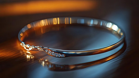 This stunning image features an elegant silver bracelet adorned with sparkling diamond accents, resting on a richly textured wooden surface illuminated by warm light.の素材