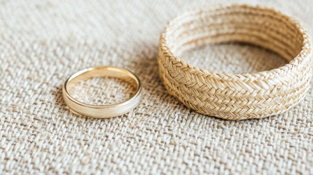 A beautiful gold ring placed beside a natural woven bracelet on a textured linen background, perfect for showcasing elegant jewelry and fashion styles.の素材