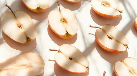 A beautiful arrangement of fresh pear halves showcasing their natural color and texture. Natural light creates soft shadows, highlighting freshness.の素材