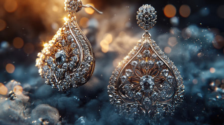A stunning pair of diamond earrings captures light beautifully against a dark, atmospheric backdrop, creating an enchanting scene filled with sparkle and elegance.の素材