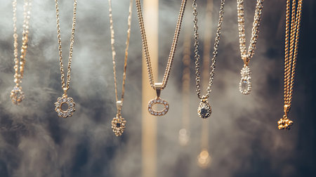 An artistic display of elegant gold and silver necklaces, each adorned with sparkling stones, hangs in a smoky environment, creating a luxurious atmosphere.の素材