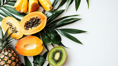 A visually appealing layout of fresh tropical fruits including papaya, pineapple, kiwi, and bananas, artfully arranged with green leaves on a white background.の素材