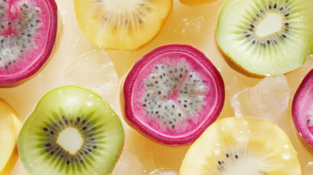 This image showcases an artistic arrangement of vibrant slices of exotic fruits on a bed of ice, highlighting the fresh and colorful appeal of kiwi and dragon fruit.の素材