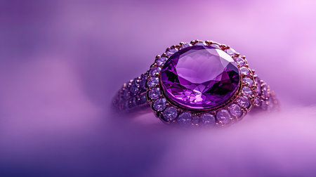 This image features an exquisite amethyst ring surrounded by smaller diamonds, set against a dreamy purple background to convey elegance and luxury.の素材