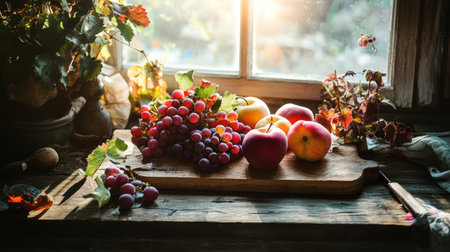 A captivating display of fresh apples and grapes on a rustic wooden table, illuminated by soft sunlight through a nearby window, creating a warm ambiance.の素材