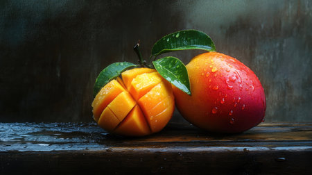 A stunning presentation of a freshly cut mango alongside a whole ripe mango, showcasing vibrant colors and droplets, perfect for food photography.の素材
