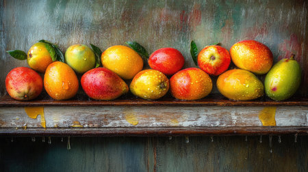 A vibrant display of fresh fruits including mangoes, apples, and pears, glistening with water droplets on a rustic wooden shelf that enhances their beauty.の素材