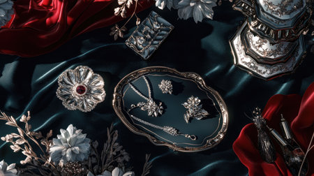 A close-up view of vintage jewelry elegantly displayed on luxurious satin fabric, showcasing intricate designs, floral accents, and a rich artistic touch.の素材