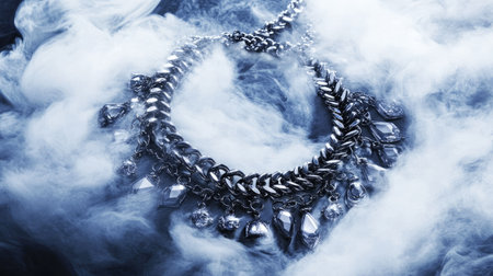 This stunning silver necklace features shiny charms and a bold chain design, elegantly displayed against a background of soft, swirling smoke. Perfect for fashion photography or jewelry advertising.の素材