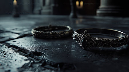 This captivating image features two elaborately designed antique rings resting on a textured, dark stone surface. The play of light and shadow creates a mysterious atmosphere, highlighting the intricate details of the jewelry. Perfect for showcasing vintage elegance and artistic craftsmanship.の素材