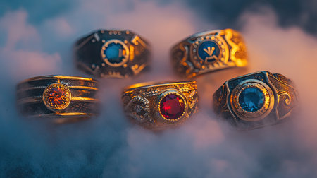 A striking display of five gold rings adorned with vibrant gemstones, gently shrouded in enchanting fog, creating a magical and luxurious atmosphere.の素材