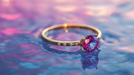 A close-up shot of an elegant gold ring featuring a vibrant purple gemstone, beautifully reflecting colors in shimmering water, enhancing its allure.の素材