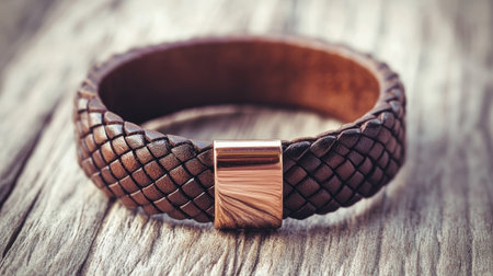 This elegant brown leather bracelet features a unique woven design and a stylish metal clasp, perfect for any fashion enthusiast or gift occasion.の素材