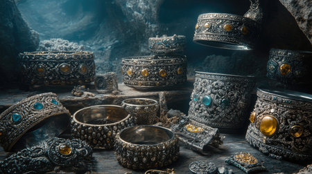 A captivating scene displaying an array of antique silver jewelry featuring amber and gemstones, nestled in a mysterious cave, highlighting intricate designs.の素材