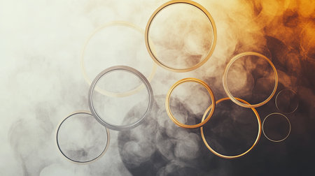 This abstract image showcases geometric circles in warm tones floating over a misty background, perfect for creative projects or as a modern art piece.の素材