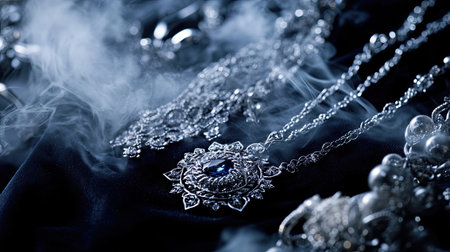 This captivating image captures an exquisite display of silver jewelry, featuring intricate designs that shimmer amidst a misty background. The elegant pieces, including a stunning sapphire pendant, showcase fine craftsmanship and luxurious appeal. Ideal for fashion, beauty, or accessory-themed projects.の素材