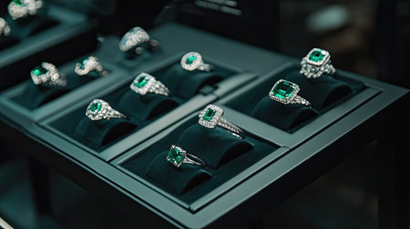 This captivating image showcases an exquisite collection of emerald and diamond rings elegantly displayed in a luxury jewelry showcase. Each piece radiates beauty and craftsmanship, appealing to fashion enthusiasts and collectors alike.の素材