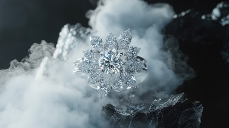 This stunning jewelry piece features a diamond ring with a beautiful floral design, surrounded by soft smoke against a dark background, symbolizing elegance and luxury.の素材