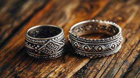 This striking image showcases two vintage silver rings featuring intricate designs, beautifully set against a rustic wooden background, highlighting their craftsmanship.の素材