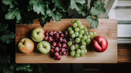A beautiful arrangement of fresh apples and grapes on a wooden board, surrounded by lush greenery, showcasing a vibrant and healthy snack option.の素材
