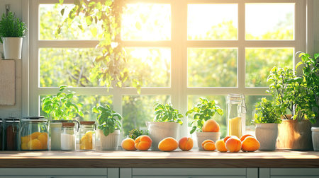A bright kitchen scene featuring a sunny window with fresh herbs and vibrant citrus fruits on a wooden table, creating a warm and inviting atmosphere.の素材
