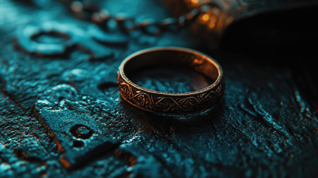 A beautifully crafted vintage ring rests on a textured surface, illuminated by soft, mysterious lighting. The intricate details highlight exquisite craftsmanship and evoke a sense of history and elegance.の素材