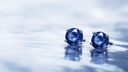 Discover the elegance of these blue sapphire earrings, highlighted by a soft focus background and gentle water reflections, showcasing exquisite jewelry design.の素材