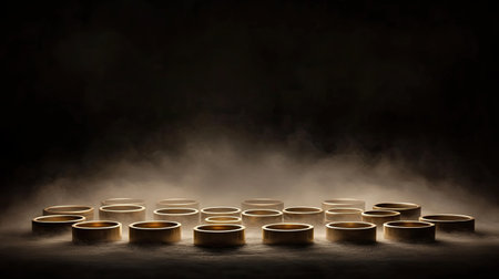 This captivating image features a collection of golden rings arranged on a dark surface, illuminated by soft light and surrounded by a misty atmosphere, evoking elegance and mystery.の素材