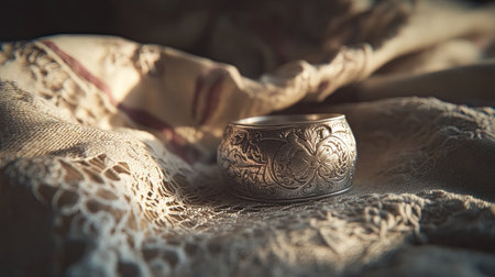 This evocative image captures an antique silver ring resting delicately on textured fabric, illuminated by soft natural light that highlights its intricate design and craftsmanship.の素材