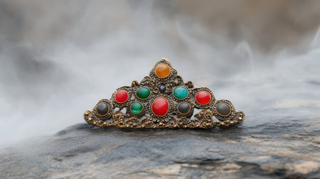 This stunning vintage crown hairpiece features colorful gems intricately set against a misty background, highlighting its grand design and elegance.の素材
