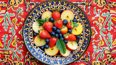 A vibrant arrangement of strawberries, blueberries, and apple slices on a decorative plate. The colorful fruits sit atop a beautiful table cover, perfect for showcasing healthy eating.の素材