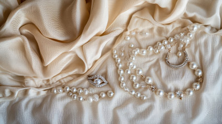 This stunning arrangement showcases pearls, a ring, and a brooch placed on soft satin fabric, embodying elegance and luxury for jewelry lovers.の素材