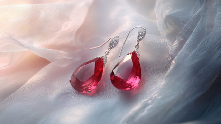 This image features a stunning pair of elegant red crystal drop earrings, beautifully displayed on a soft fabric background ideal for showcasing luxury jewelry.の素材