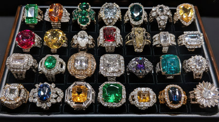 This exquisite collection showcases an array of rings featuring vibrant gemstones and intricate designs, perfect for highlighting luxury and elegance in any jewelry project.の素材