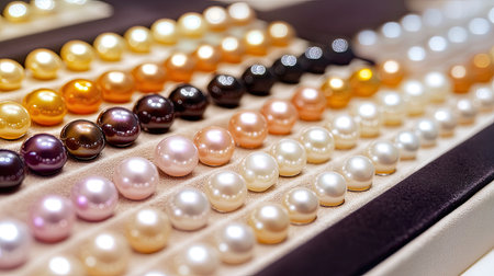 A stunning assortment of pearls in various colors displayed on a soft velvet background, highlighting the elegance and luxury of each shimmering gem.の素材