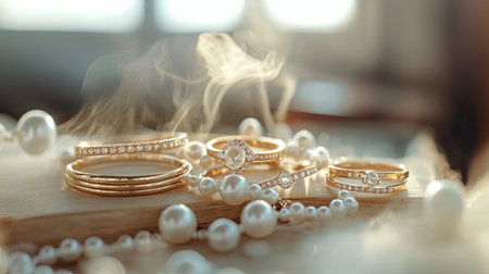 A mesmerizing display of elegant gold jewelry featuring rings and bracelets, adorned with diamonds and pearls. The soft focus creates a dreamy atmosphere, perfect for showcasing luxury and style.の素材