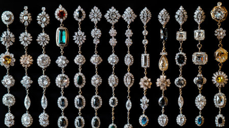 This stunning collection showcases a variety of vintage jewelry pieces, highlighting intricate designs and sparkling gemstones against a dark backdrop, perfect for styles.の素材