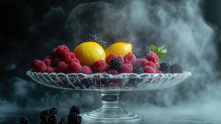 A stunning display of bright yellow lemons and juicy berries creates an inviting scene. The elegant glass bowl sits atop a smoky surface, highlighting the freshness and colorful appeal of the fruits, perfect for culinary inspiration.の素材