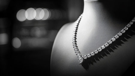 This stunning image features an elegant diamond necklace showcased on a mannequin, highlighting its luxurious design and craftsmanship in a boutique setting.の素材