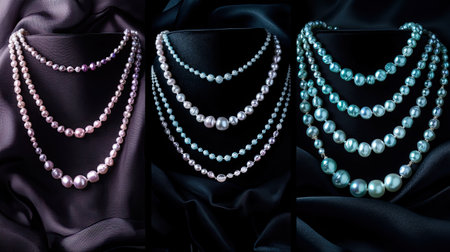 Stunning arrangement of exquisite pearl necklaces displayed on a black satin backdrop, emphasizing elegance and timeless beauty for jewelry lovers.の素材