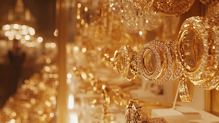 A captivating display of luxurious gold jewelry featuring intricate designs and dazzling embellishments, perfect for fashion enthusiasts and collectors.の素材