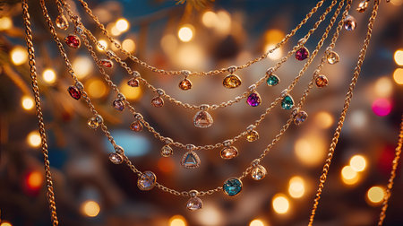 A stunning display of elegant necklaces adorned with colorful sparkling stones, set against a beautifully lit bokeh background, capturing festive charm.の素材
