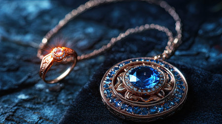 This stunning jewelry image showcases an elegant vintage necklace and ring, adorned with captivating blue gemstones, displayed against a deep blue backdrop, perfect for illustrating luxury and craftsmanship.の素材