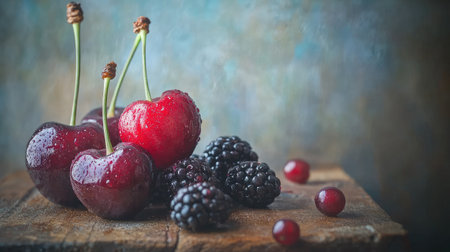 This captivating still life features fresh cherries and blackberries placed artfully on a rustic wooden surface, enhanced by gentle water droplets. Perfect for food lovers!の素材