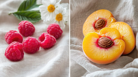 A stunning arrangement of fresh raspberries and juicy peach halves on a soft, neutral fabric, accented by delicate flowers and bathed in natural light.の素材