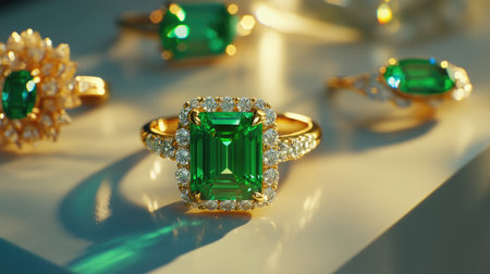 This stunning image features an elegant display of emerald jewelry including rings adorned with sparkling diamonds, showcasing luxury and beauty.の素材
