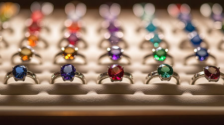 This image showcases a stunning array of colorful rings featuring various gemstones, presenting a luxurious and elegant display perfect for jewelry enthusiasts.の素材