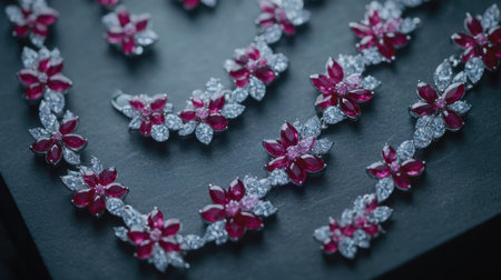 This stunning floral jewelry set showcases an intricate design with vibrant rubies and sparkling diamonds, perfect for elegant occasions and gifts.の素材