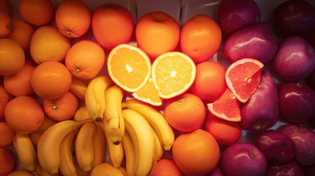 A bright and vibrant assortment of fresh citrus fruits and bananas laid out in an appealing arrangement. Perfect for food-related content.の素材