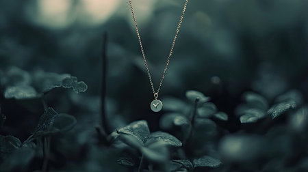 Capture the essence of elegance with this gold necklace featuring a minimalist charm, gracefully suspended amidst lush greenery, showcasing nature's beauty.の素材